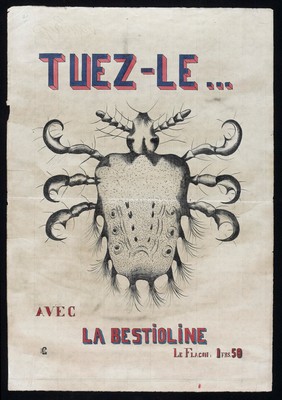 A mite (cause of asthma or scabies in humans?); advertising Bestioline product for killing mites. Drawing, 192- (?).