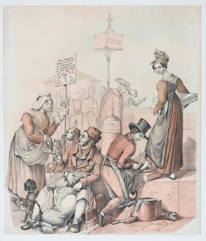 Street vendors on the Seine in Paris: a pet-groomer, a shoe shiner, and a bookstall. Coloured lithograph, 183-.