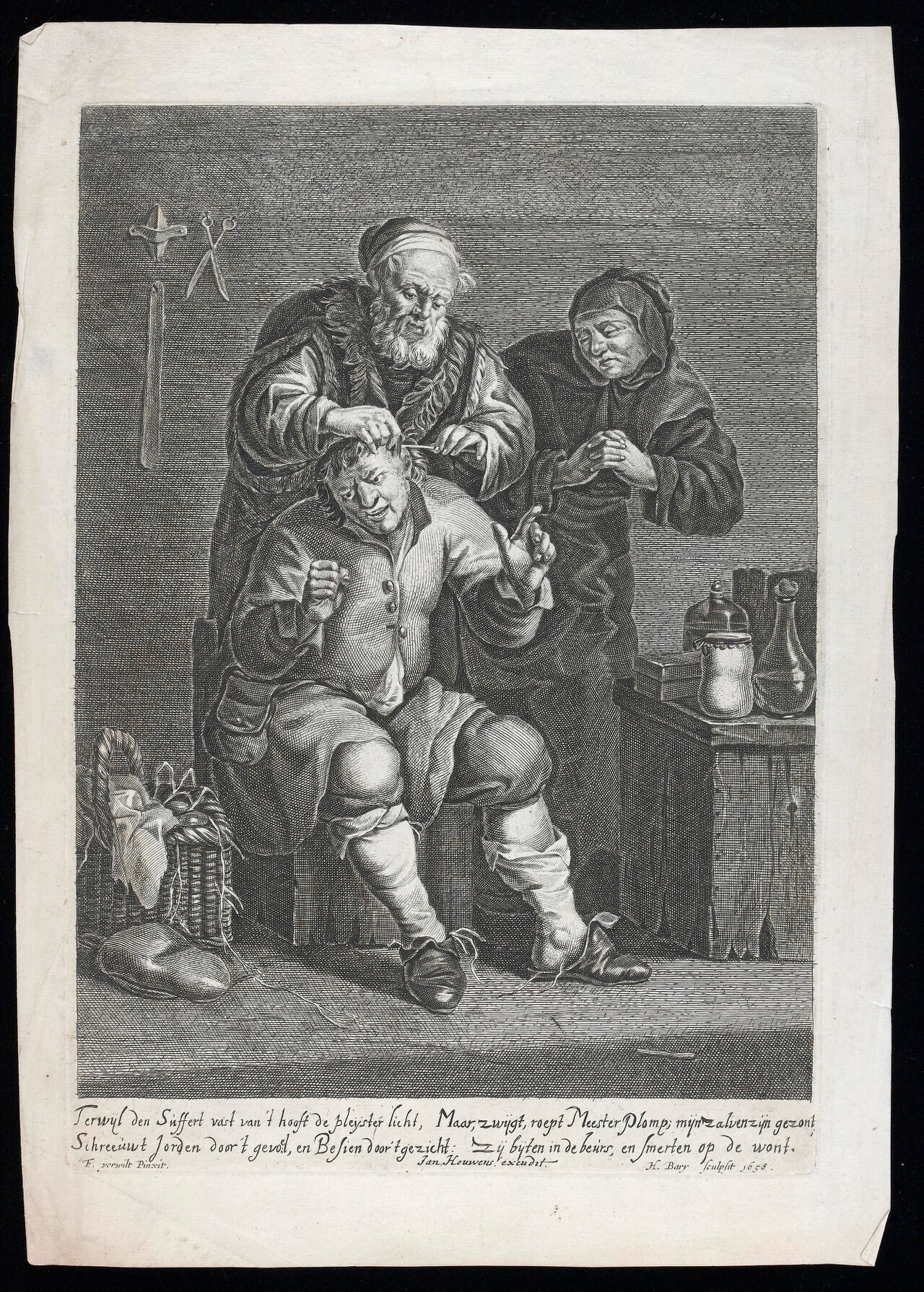A surgeon operating on a man's head. Engraving by H. Bary, 1658, after F. Verwilt., 1658, by François Verwilt