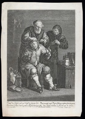 A surgeon operating on a man's head. Engraving by H. Bary, 1658, after F. Verwilt.