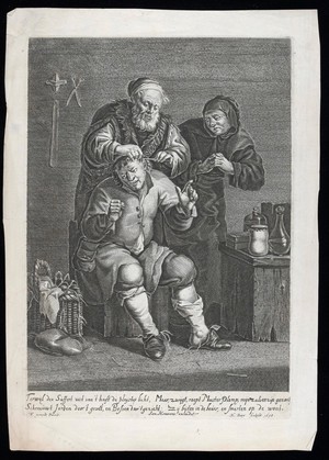 view A surgeon operating on a man's head. Engraving by H. Bary, 1658, after F. Verwilt.