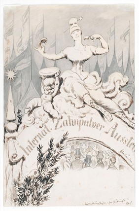 A baroque sculpture forming an allegory of dentifrice at the entrance to an international toothpowder exhibition. Drawing by A. Oberländer, ca. 1900.