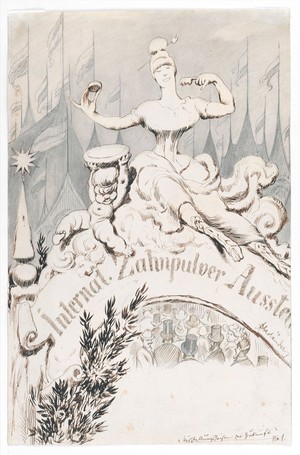 view A baroque sculpture forming an allegory of dentifrice at the entrance to an international toothpowder exhibition. Drawing by A. Oberländer, ca. 1900.