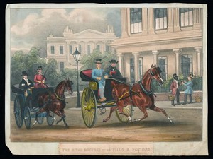 view Two rival physicians ride in carriages around high-class London residences in competition for wealthy patients. Coloured lithograph, 18--.