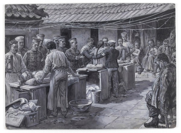 Pyongyang, Korea: wounded Chinese prisoners of war receiving medical treatment after the battle of Pyongyang. Gouache by J.N. Schönberg, 1894.