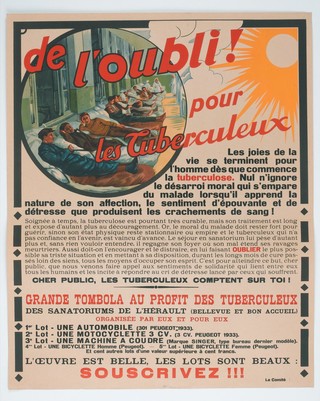 Tuberculosis patients lying on their beds in a crowded tuberculosis hospital; advertising a tombola in aid of tuberculosis sufferers in L'Hérault, France. Colour lithograph, ca. 1933.