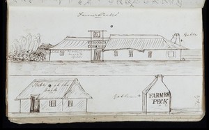 view Ink sketch of Farmer Peck's refreshment station, on the road from Simon's Town to Cape Town, South Africa 1844.