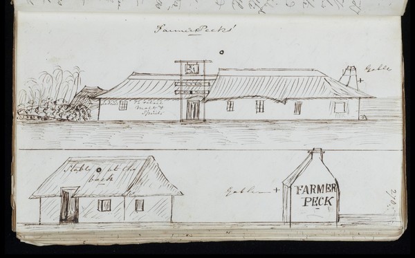 Ink sketch of Farmer Peck's refreshment station, on the road from Simon's Town to Cape Town, South Africa 1844.
