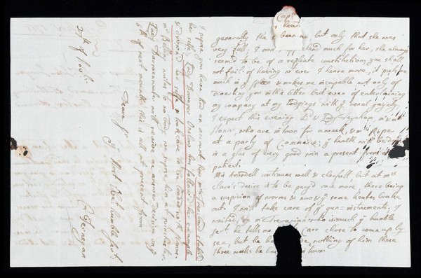 Letter from Dr. Charles Jernegan to Richard Bellings-Arundell to inform him that Margaret Jernegan has contracted smallpox during her stay in Bath. Margaret Jernegan is Charles Jernegan's sister-in-law and Richard Bellings-Arundell's cousin. See L0046697 for photograph of the rest of the letter