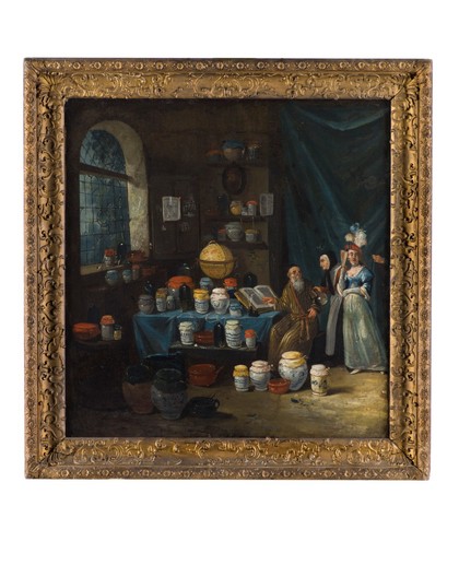 A philosopher in his study, consulted by an old woman to determine from a flask of urine whether the young woman accompanying her is pregnant. Oil painting by Egbert van Heemskerck or a follower of Egbert van Heemskerck, ca. 1680/1799.