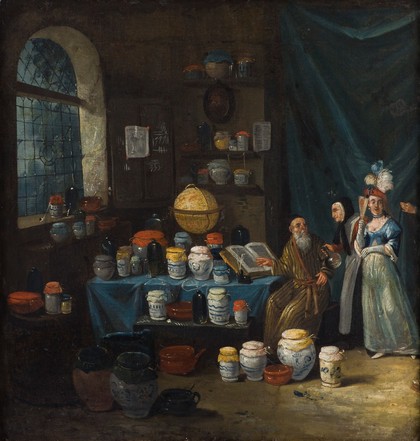 A philosopher in his study, consulted by an old woman to determine from a flask of urine whether the young woman accompanying her is pregnant. Oil painting by Egbert van Heemskerck or a follower of Egbert van Heemskerck, ca. 1680/1799.