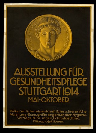 A medallion showing the head of an ancient Greek athlete; advertising the cultural section of an exhibition in Stuttgart on hygiene (Ausstellung für Gesundheitspflege). Colour lithograph, 1914.