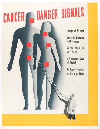 A lecturer pointing to a large screen, on which projected diagrams of the bodies of a man and a woman are marked with red flags indicating areas where cancer may be first seen. Colour lithograph after D. Fellnagel, 1941.