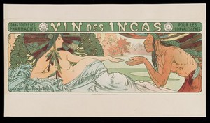 view An Inca man requests a goddess of the Incas to hand over coca, but she refuses, holding a bottle of coca wine for herself. Colour lithograph by A. Mucha, 189-.