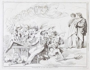 view Pinelli etching Virgil and Dante, the plate being examined by monsters who are watched on the right by Virgil and Dante. Etching by B. Pinelli, 1825.