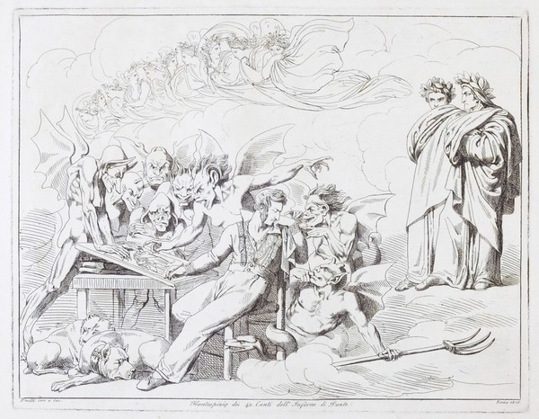 Pinelli etching Virgil and Dante, the plate being examined by monsters who are watched on the right by Virgil and Dante. Etching by B. Pinelli, 1825.