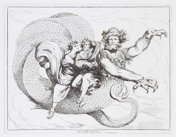 Virgil and Dante sitting on the back of Geryon to be transported from the 8th to the 7th circle of Hell. Etching by B. Pinelli, 1825.