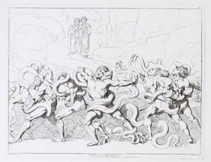 view Thieves being tortured by snakes in the 8th circle of Hell, watched by Dante and Virgil. Etching by B. Pinelli, 1825.