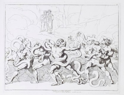 Thieves being tortured by snakes in the 8th circle of Hell, watched by Dante and Virgil. Etching by B. Pinelli, 1825.