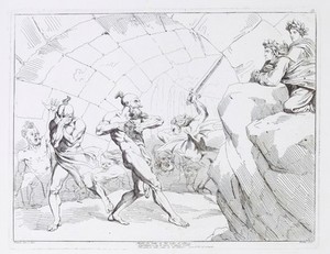 view Dante and Virgil watching heretics in hell ripping their bodies apart as punishment for schism. Etching by B. Pinelli, 1825.