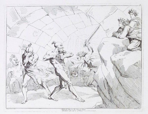 Dante and Virgil watching heretics in hell ripping their bodies apart as punishment for schism. Etching by B. Pinelli, 1825.