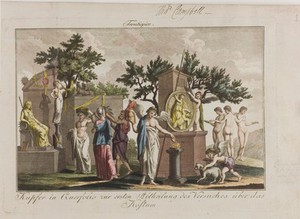 view The three Graces and ancient allegorical figures. Coloured engraving, ca. 1804-1811.