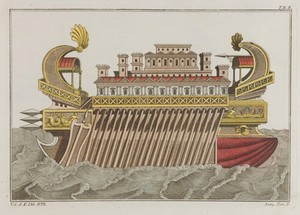 view The flagship of Ptolemy Philopator. Coloured engraving, ca. 1804-1811.