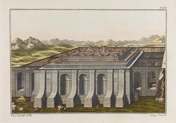 The temple of Solomon at Jerusalem. Coloured engraving, ca. 1804-1811.