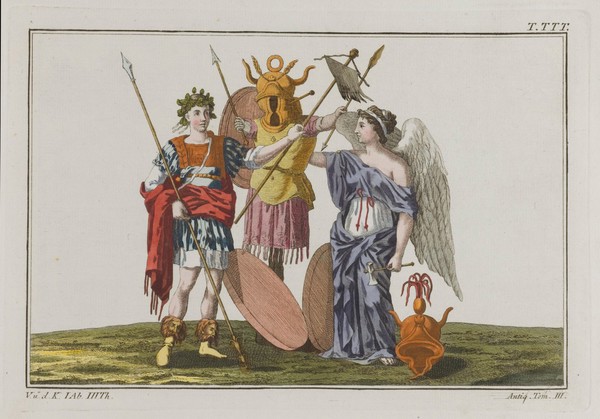 A Roman trophy. Coloured engraving, ca. 1804-1811.