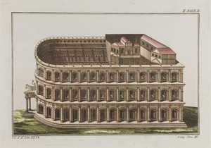 view A Roman amphitheatre. Coloured engraving, ca. 1804-1811.