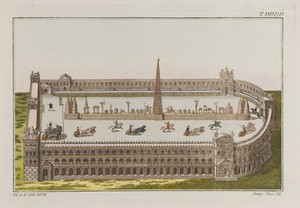 view A Roman circus with a chariot race. Coloured engraving, ca. 1804-1811.