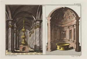 view A Roman bath-house: left, a fountain; right, a tub. Coloured engraving, ca. 1804-1811.