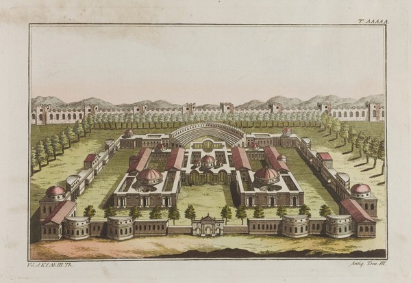 Rome: baths of Diocletian. Coloured engraving, ca. 1804-1811.