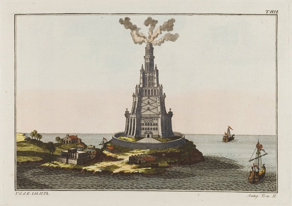 The pharos of Alexandria. Coloured engraving, ca. 1804-1811.