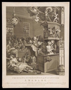 view A credulous congregation listening to a sermon by a fiery preacher. Engraving by T. Cook, 1798, after W. Hogarth.
