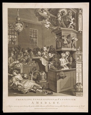 A credulous congregation listening to a sermon by a fiery preacher. Engraving by T. Cook, 1798, after W. Hogarth.