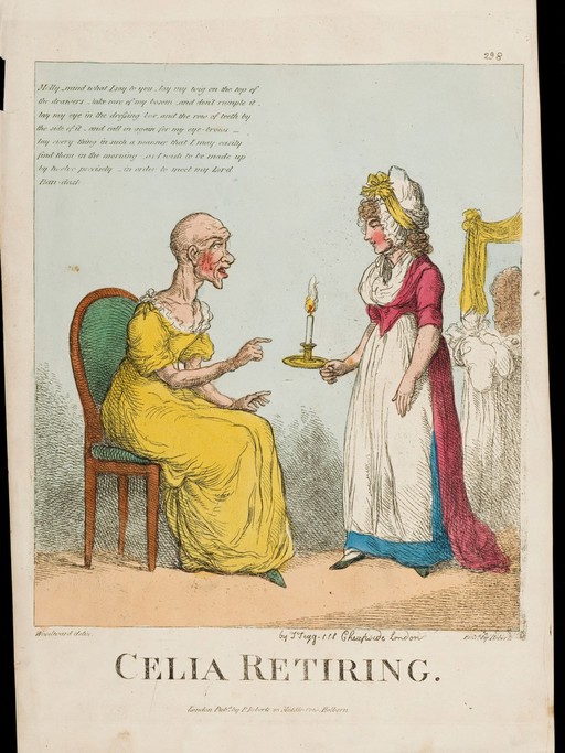 A lady retiring to bed, and ordering her maid to look after her artificial aids to beauty (wig, teeth, glass eye etc.). Coloured etching by P. Roberts after G.M Woodward