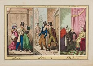 view Three London scenes: a man being cajoled by two prostitutes, a young man being accosted by two debt-collectors, and a physician attending a patient. Coloured etching by G. Cruikshank after J. Sheringham, 1821.