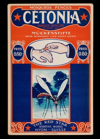 Cétonia pencils for use against mosquito bites: advertisement. Colour lithograph, ca. 1912.