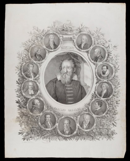 Italian scientists: Galileo in the centre, others in orbit around him. Lithograph by V. Mollame, 1842.