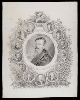 Italian artists: Michelangelo in the centre, others around the perimeter. Lithograph by V. Mollame, 1842.