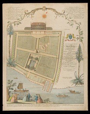 view The Physic Garden, Chelsea: a plan view. Engraving by John Haynes, 1751.