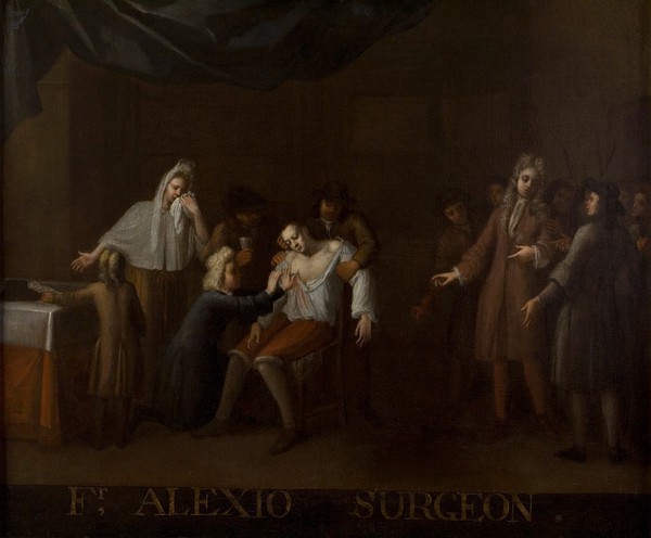 A surgical operation. Oil painting attributed to Egbert van Heemskerck III.