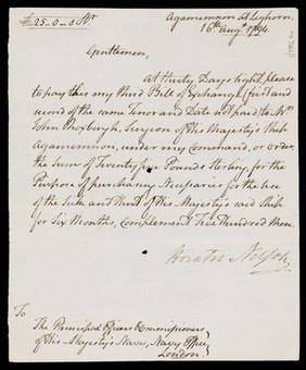 Letter written by Lord Nelson with his right hand