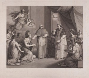 view The restoration of Rome and the Papal Legations by Cardinal Consalvi to Pope Pius VII after the defeat of Napoleon. Engraving by A. Banzo after F. Manno.