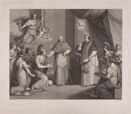 The restoration of Rome and the Papal Legations by Cardinal Consalvi to Pope Pius VII after the defeat of Napoleon. Engraving by A. Banzo after F. Manno.