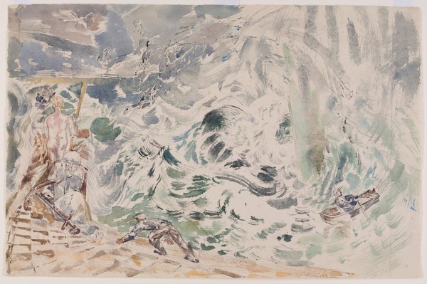 Visions of a schizophrenic: right, a tempestuous sea, left a man chasing a boat. Watercolour by T. Hennell, ca. 1935.