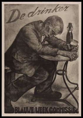 An intoxicated man drinking beer; advertising Blauwe Week against alcohol. Lithograph (?), 1936, after A. van Dobbenburgh, 1935.