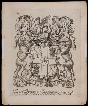 view Arms of the London Barber Surgeons' Company. Engraving attributed to W. Vaughan, 1677.
