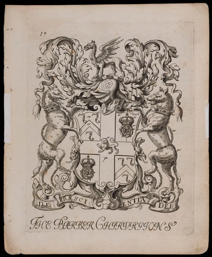 Arms of the London Barber Surgeons' Company. Engraving attributed to W. Vaughan, 1677.